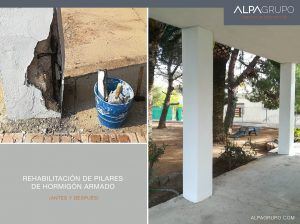 rehabilitación pilares de hormigón armado en exterior de viviendas